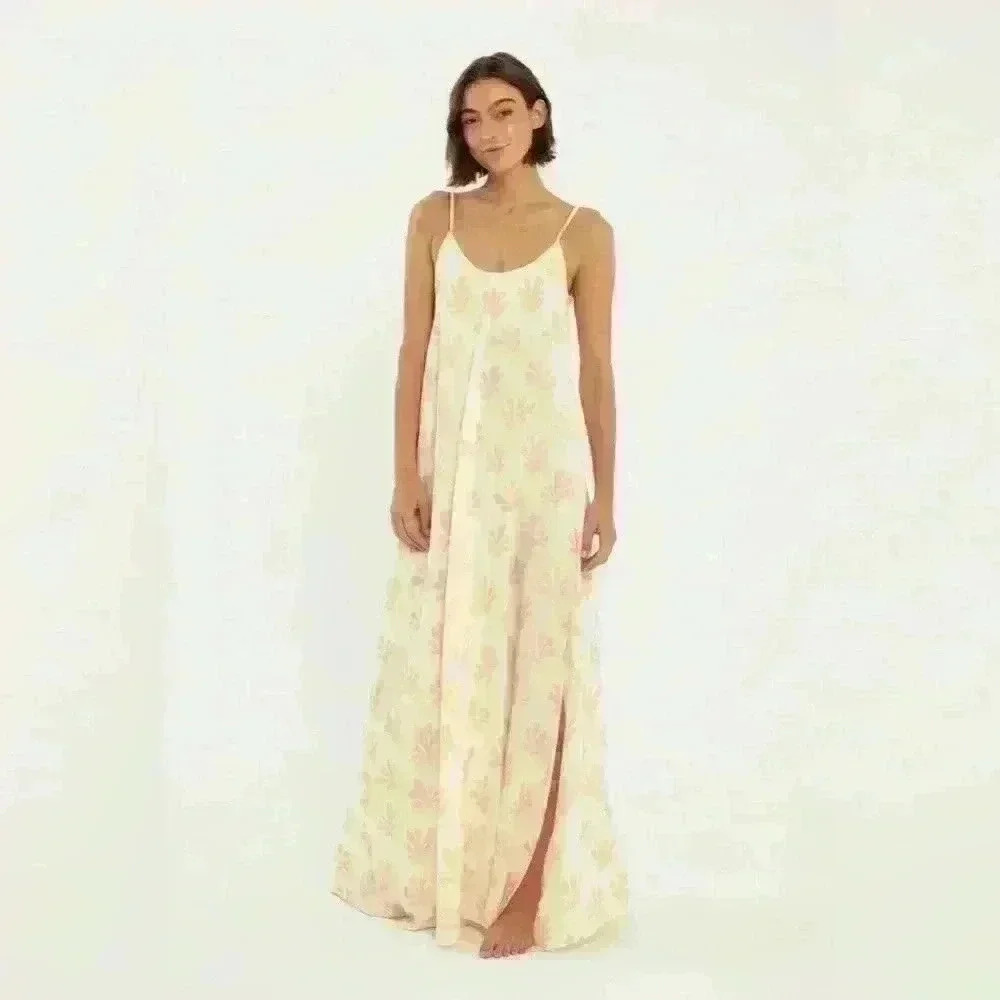 Citrine Leta Flowy Adjustable Strap Scoop Back Maxi Dress in Tan Reef Size M - Picture 3 of 12